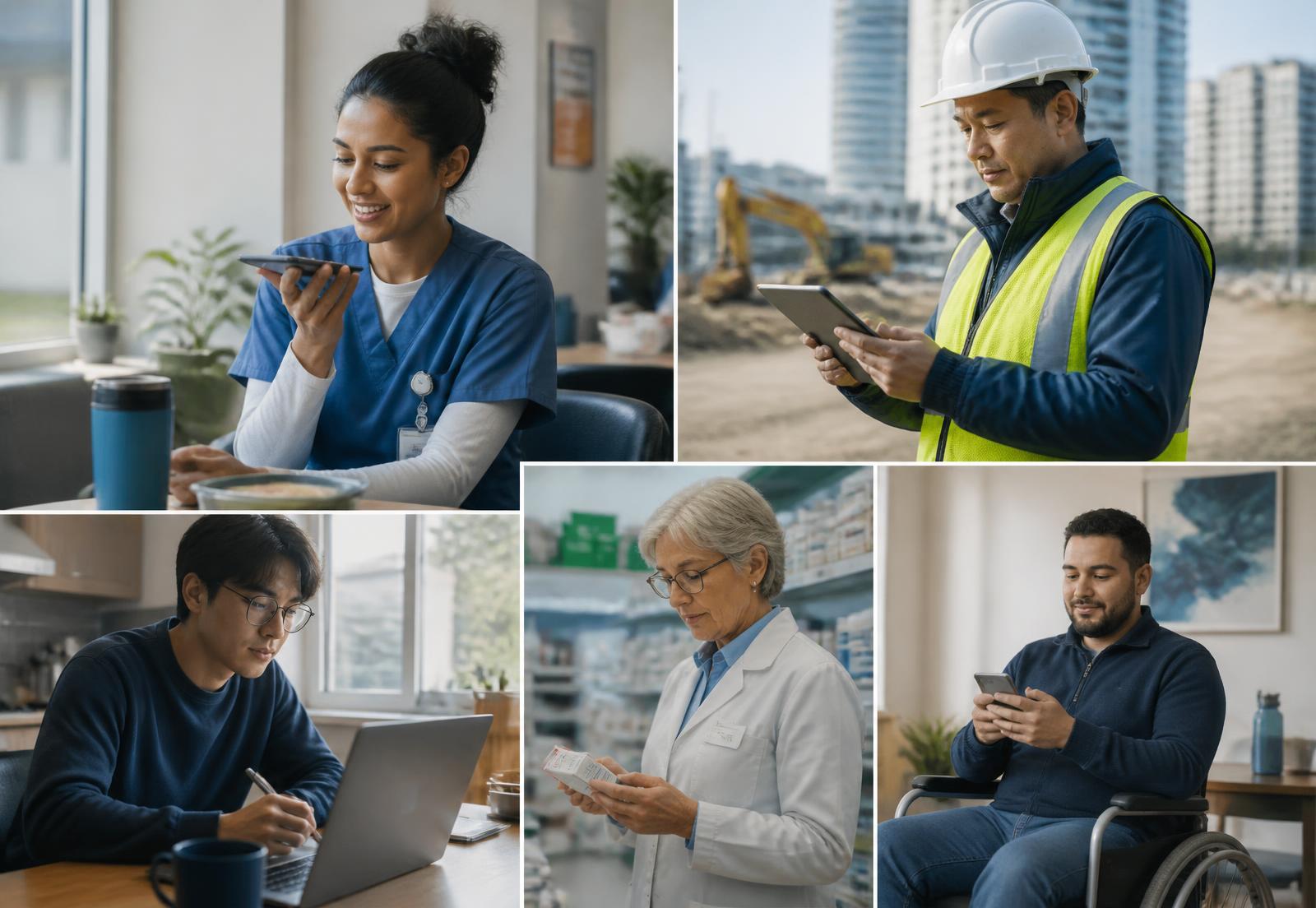 A diverse mix of people — a nurse, a construction worker, a student, a pharmacist and a person in a wheelchair — in their own everyday environments